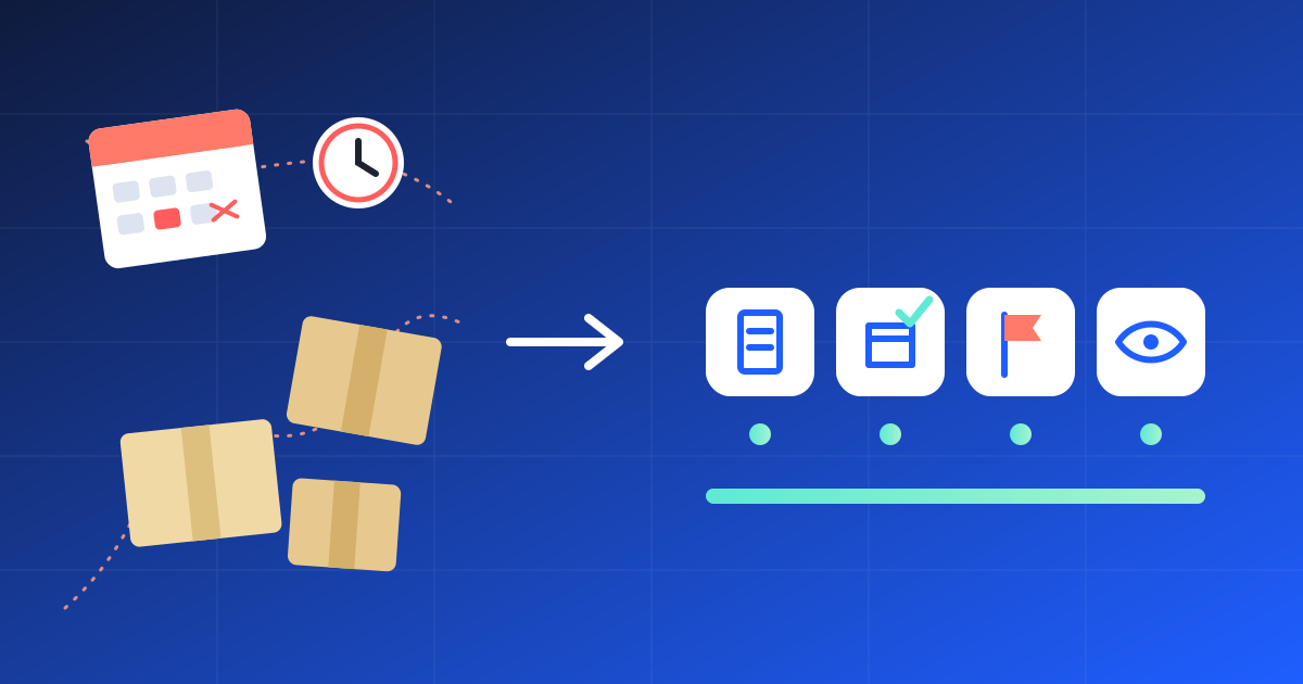 Left: scattered late parcels and a missed calendar date. Right: a clean path from contract terms to a penalty record.