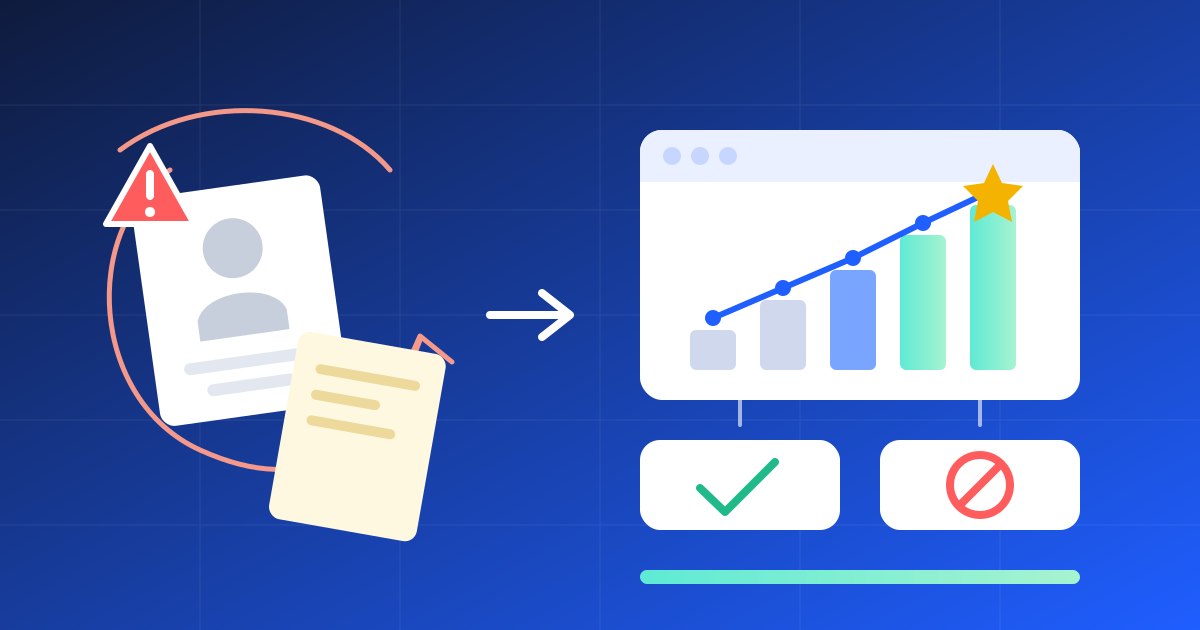 Left: a vendor card with a warning and no record. Right: a rising score chart leading to approve or block decisions.