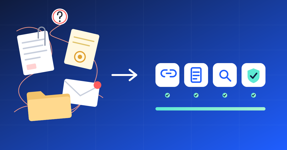 Left: scattered forms, an envelope and a folder. Right: four steps from invitation link to approved vendor.